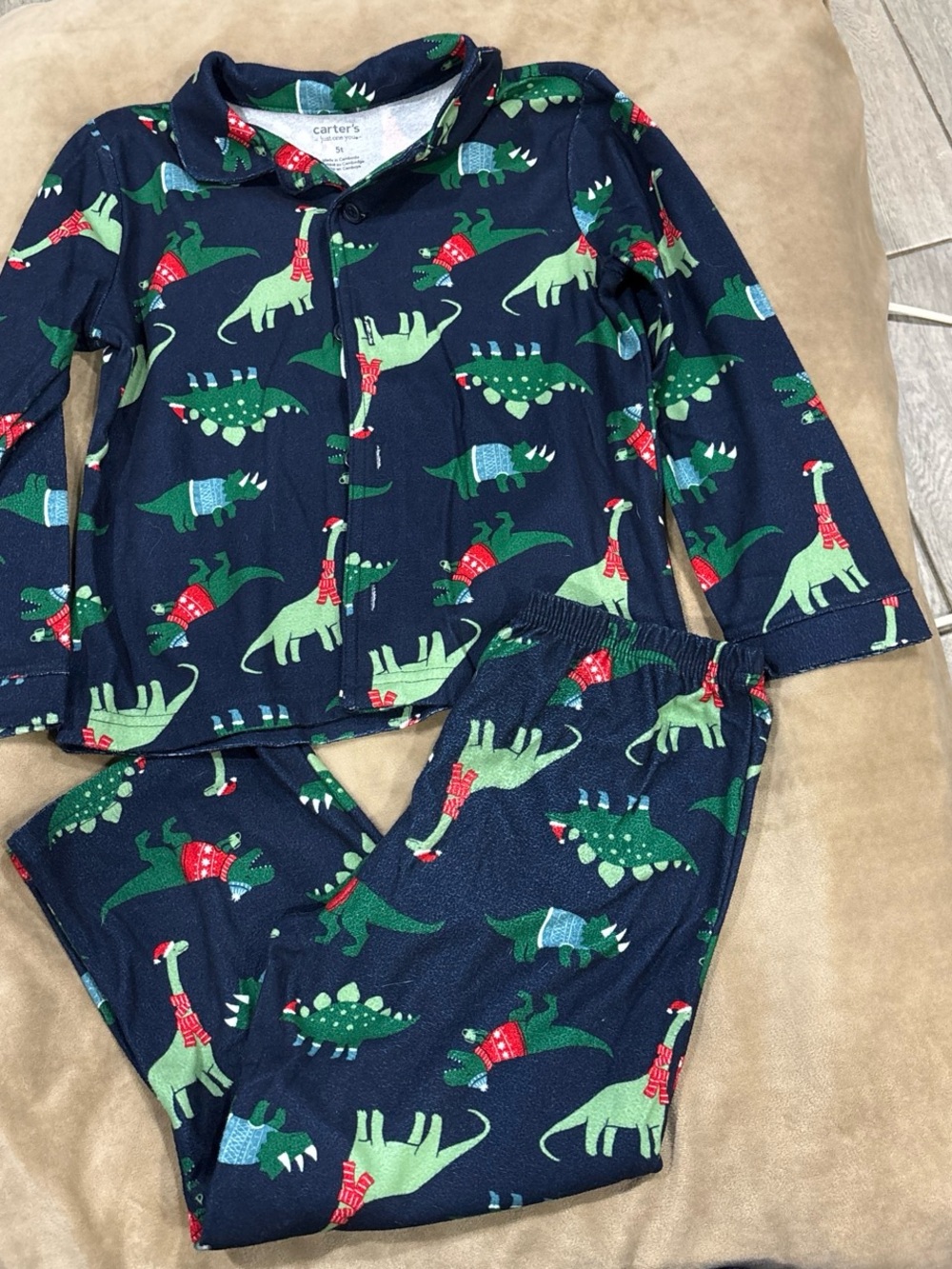 Carter's Navy and Green Dinosaur Pajama Set with Red Accents